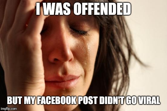 First World Problems | I WAS OFFENDED; BUT MY FACEBOOK POST DIDN'T GO VIRAL | image tagged in memes,first world problems | made w/ Imgflip meme maker