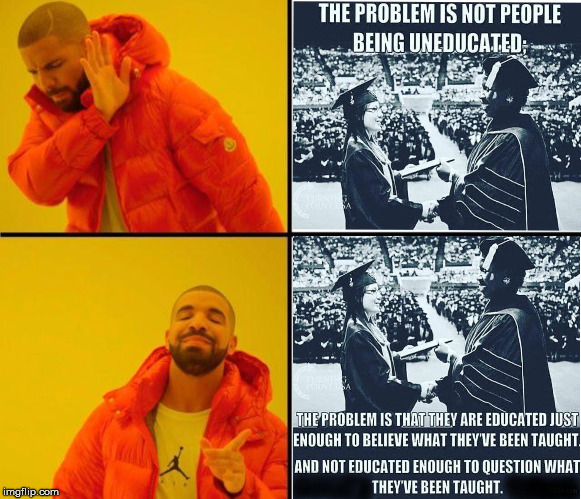Teach Them Critical Thinking Skills  | image tagged in drake meme,uneducated,educated,question,taught,critical thinking | made w/ Imgflip meme maker