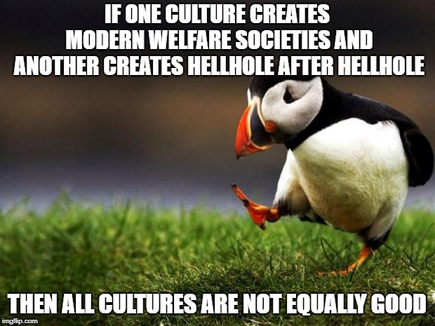 Unpopular Opinion Puffin Meme | IF ONE CULTURE CREATES MODERN WELFARE SOCIETIES AND ANOTHER CREATES HELLHOLE AFTER HELLHOLE; THEN ALL CULTURES ARE NOT EQUALLY GOOD | image tagged in memes,unpopular opinion puffin | made w/ Imgflip meme maker