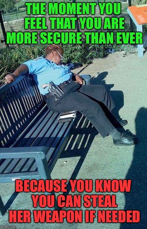 Don’t always count on the security guards, you know they don’t get paid enough to stay awake for there entire shift | THE MOMENT YOU FEEL THAT YOU ARE MORE SECURE THAN EVER; BECAUSE YOU KNOW YOU CAN STEAL HER WEAPON IF NEEDED | image tagged in security,sleeping,funny,memes | made w/ Imgflip meme maker