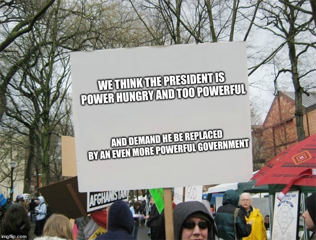 Blank protest sign | WE THINK THE PRESIDENT IS POWER HUNGRY AND TOO POWERFUL; AND DEMAND HE BE REPLACED BY AN EVEN MORE POWERFUL GOVERNMENT | image tagged in blank protest sign | made w/ Imgflip meme maker