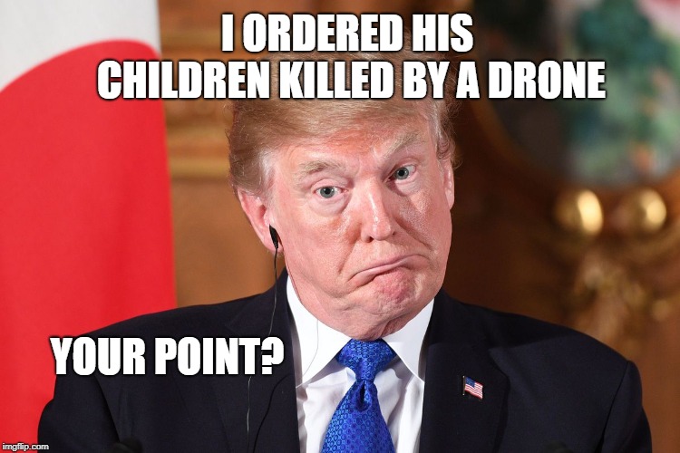 Trump dumbfounded | I ORDERED HIS CHILDREN KILLED BY A DRONE YOUR POINT? | image tagged in trump dumbfounded | made w/ Imgflip meme maker