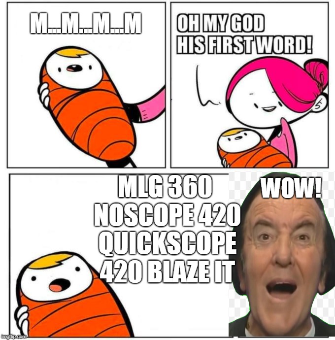 Super Rekter | M...M...M...M; MLG 360 NOSCOPE 420 QUICKSCOPE 420 BLAZE IT; WOW! | image tagged in omg his first word,memes,mlg,quickscope,noscope,420 blaze it | made w/ Imgflip meme maker