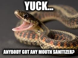 Warning Snake | YUCK... ANYBODY GOT ANY MOUTH SANITIZER? | image tagged in warning snake | made w/ Imgflip meme maker