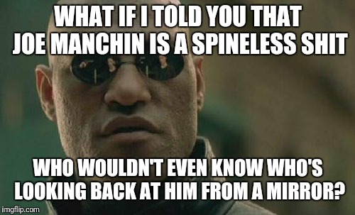 Matrix Morpheus Meme | WHAT IF I TOLD YOU THAT JOE MANCHIN IS A SPINELESS SHIT WHO WOULDN'T EVEN KNOW WHO'S LOOKING BACK AT HIM FROM A MIRROR? | image tagged in memes,matrix morpheus | made w/ Imgflip meme maker