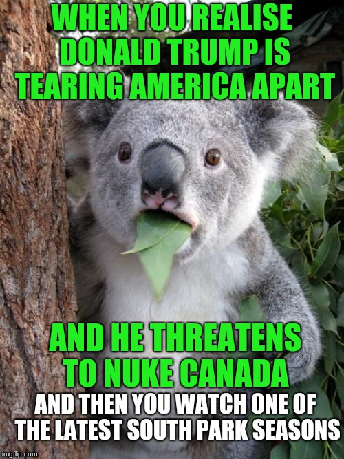  in one of the latest south park season intros it shows trump nuking toronto | WHEN YOU REALISE DONALD TRUMP IS TEARING AMERICA APART; AND HE THREATENS TO NUKE CANADA; AND THEN YOU WATCH ONE OF THE LATEST SOUTH PARK SEASONS | image tagged in memes,surprised koala,canada,south park,funny,donald trump | made w/ Imgflip meme maker