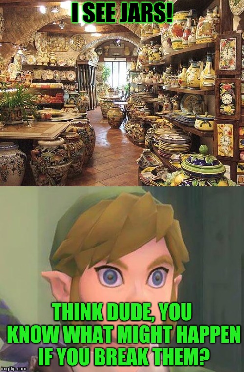 zelda | I SEE JARS! THINK DUDE, YOU KNOW WHAT MIGHT HAPPEN IF YOU BREAK THEM? | image tagged in zelda | made w/ Imgflip meme maker