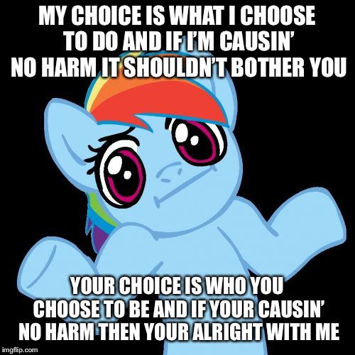 Pony Shrugs Meme | MY CHOICE IS WHAT I CHOOSE TO DO AND IF I’M CAUSIN’ NO HARM IT SHOULDN’T BOTHER YOU YOUR CHOICE IS WHO YOU CHOOSE TO BE AND IF YOUR CAUSIN’  | image tagged in memes,pony shrugs | made w/ Imgflip meme maker