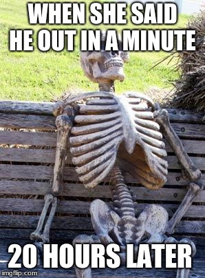Waiting Skeleton | WHEN SHE SAID HE OUT IN A MINUTE; 20 HOURS LATER | image tagged in memes,waiting skeleton | made w/ Imgflip meme maker