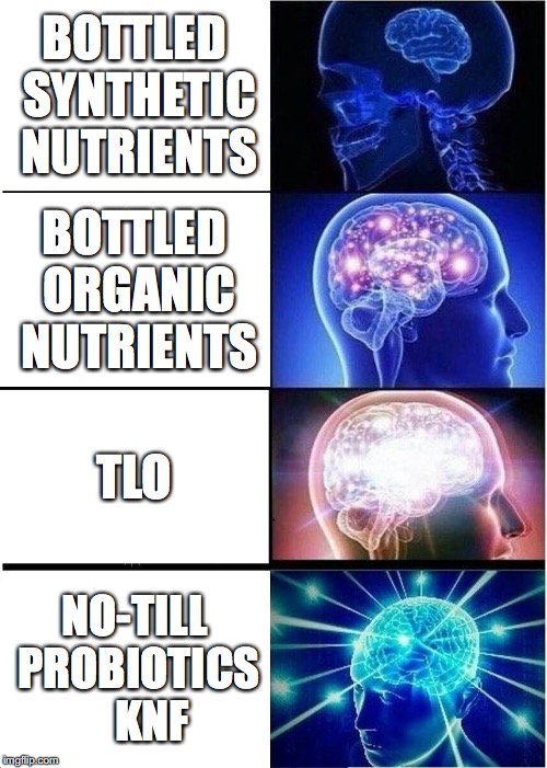 Expanding Brain | BOTTLED SYNTHETIC NUTRIENTS; BOTTLED ORGANIC NUTRIENTS; TLO; NO-TILL PROBIOTICS    KNF | image tagged in memes,expanding brain | made w/ Imgflip meme maker