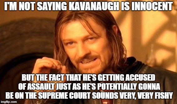 VERY fishy! | I'M NOT SAYING KAVANAUGH IS INNOCENT; BUT THE FACT THAT HE'S GETTING ACCUSED OF ASSAULT JUST AS HE'S POTENTIALLY GONNA BE ON THE SUPREME COURT SOUNDS VERY, VERY FISHY | image tagged in memes,one does not simply,kavanaugh,brett kavanaugh,supreme court,trump | made w/ Imgflip meme maker