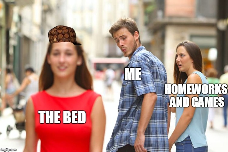 Distracted Boyfriend | ME; HOMEWORKS AND GAMES; THE BED | image tagged in memes,distracted boyfriend,scumbag | made w/ Imgflip meme maker