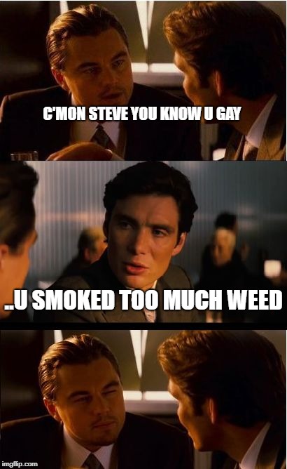 Inception Meme | C'MON STEVE YOU KNOW U GAY; ..U SMOKED TOO MUCH WEED | image tagged in memes,inception | made w/ Imgflip meme maker