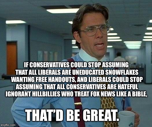 That Would Be Great | IF CONSERVATIVES COULD STOP ASSUMING THAT ALL LIBERALS ARE UNEDUCATED SNOWFLAKES WANTING FREE HANDOUTS, AND LIBERALS COULD STOP ASSUMING THAT ALL CONSERVATIVES ARE HATEFUL IGNORANT HILLBILLIES WHO TREAT FOX NEWS LIKE A BIBLE, THAT’D BE GREAT. | image tagged in memes,that would be great | made w/ Imgflip meme maker
