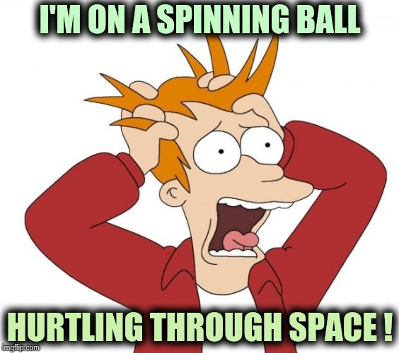 Panic | I'M ON A SPINNING BALL HURTLING THROUGH SPACE ! | image tagged in panic | made w/ Imgflip meme maker