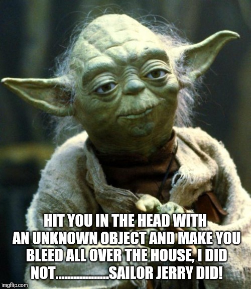 Star Wars Yoda | HIT YOU IN THE HEAD WITH AN UNKNOWN OBJECT AND MAKE YOU BLEED ALL OVER THE HOUSE, I DID NOT..................SAILOR JERRY DID! | image tagged in memes,star wars yoda | made w/ Imgflip meme maker