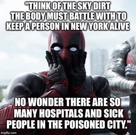 Deadpool Surprised | "THINK OF THE SKY DIRT THE BODY MUST BATTLE WITH TO KEEP A PERSON IN NEW YORK ALIVE; NO WONDER THERE ARE SO MANY HOSPITALS AND SICK PEOPLE IN THE POISONED CITY." | image tagged in memes,deadpool surprised | made w/ Imgflip meme maker