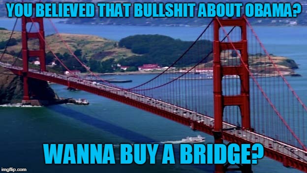 Golden Gate Bridge | YOU BELIEVED THAT BULLSHIT ABOUT OBAMA? WANNA BUY A BRIDGE? | image tagged in golden gate bridge | made w/ Imgflip meme maker