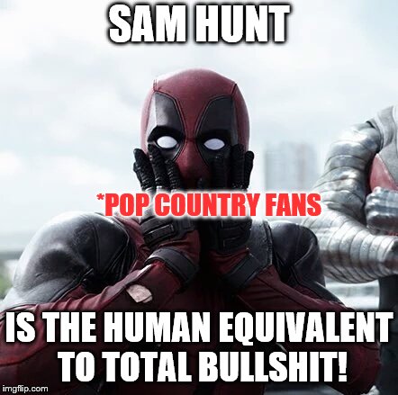 Deadpool Surprised Meme | SAM HUNT; *POP COUNTRY FANS; IS THE HUMAN EQUIVALENT TO TOTAL BULLSHIT! | image tagged in memes,deadpool surprised | made w/ Imgflip meme maker