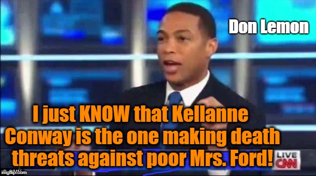 Don Lemon Fake News | Don Lemon I just KNOW that Kellanne Conway is the one making death threats against poor Mrs. Ford! | image tagged in don lemon fake news | made w/ Imgflip meme maker