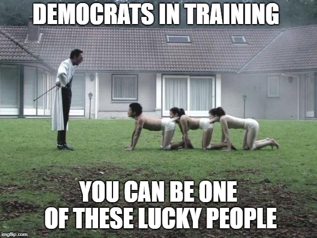 Democrats in training | DEMOCRATS IN TRAINING; YOU CAN BE ONE OF THESE LUCKY PEOPLE | image tagged in human centipede | made w/ Imgflip meme maker