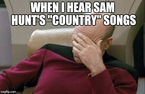 Captain Picard Facepalm Meme | WHEN I HEAR SAM HUNT'S "COUNTRY" SONGS | image tagged in memes,captain picard facepalm | made w/ Imgflip meme maker