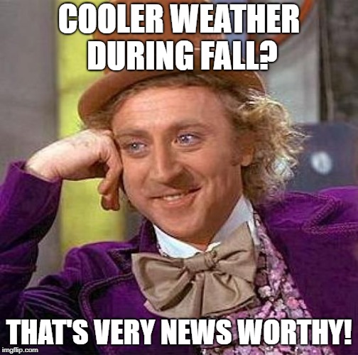 Creepy Condescending Wonka Meme | COOLER WEATHER DURING FALL? THAT'S VERY NEWS WORTHY! | image tagged in memes,creepy condescending wonka | made w/ Imgflip meme maker