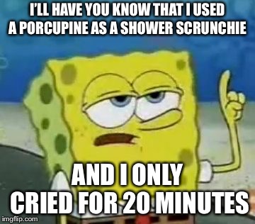 This is kinda tough, actually. | I’LL HAVE YOU KNOW THAT I USED A PORCUPINE AS A SHOWER SCRUNCHIE; AND I ONLY CRIED FOR 20 MINUTES | image tagged in memes,ill have you know spongebob,shower | made w/ Imgflip meme maker