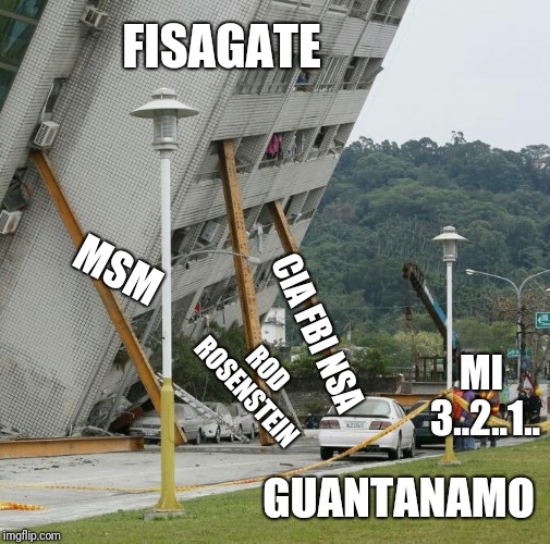 Its about to drop... | FISAGATE; MSM; CIA FBI NSA; MI 3..2..1.. ROD ROSENSTEIN; GUANTANAMO | image tagged in falling building held up with sticks,fisagate,rr,clowns in america,fake news,enjoy gitmo | made w/ Imgflip meme maker