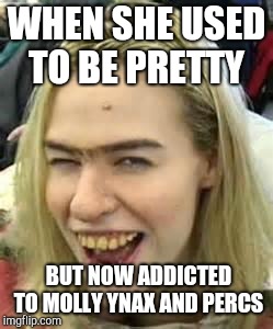 ugly girl | WHEN SHE USED TO BE PRETTY; BUT NOW ADDICTED TO MOLLY YNAX AND PERCS | image tagged in ugly girl | made w/ Imgflip meme maker