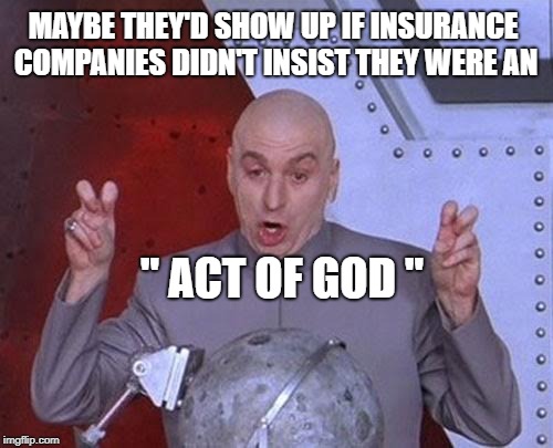 Dr Evil Laser Meme | MAYBE THEY'D SHOW UP IF INSURANCE COMPANIES DIDN'T INSIST THEY WERE AN " ACT OF GOD " | image tagged in memes,dr evil laser | made w/ Imgflip meme maker