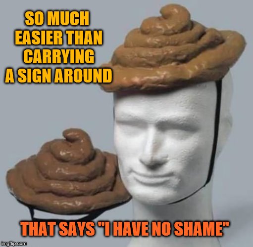 SO MUCH EASIER THAN CARRYING A SIGN AROUND; THAT SAYS "I HAVE NO SHAME" | image tagged in shit hat | made w/ Imgflip meme maker