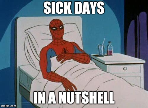 was running a 101 degree fever today so I made this meme | SICK DAYS; IN A NUTSHELL | image tagged in memes,spiderman hospital,spiderman | made w/ Imgflip meme maker