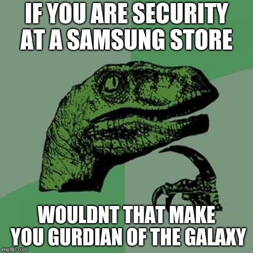 Thats cool | IF YOU ARE SECURITY AT A SAMSUNG STORE; WOULDNT THAT MAKE YOU GURDIAN OF THE GALAXY | image tagged in memes,philosoraptor | made w/ Imgflip meme maker