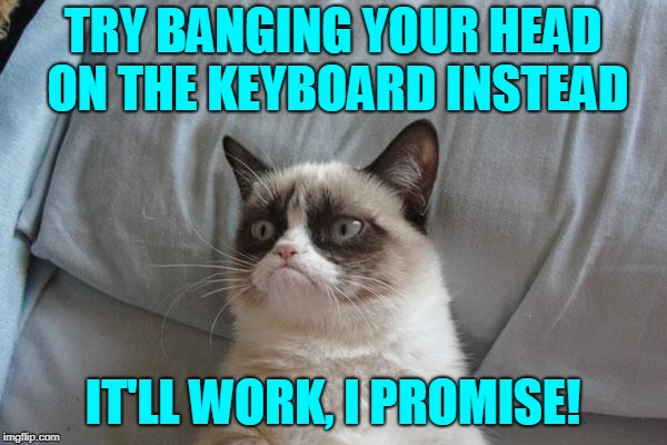 TRY BANGING YOUR HEAD ON THE KEYBOARD INSTEAD IT'LL WORK, I PROMISE! | made w/ Imgflip meme maker