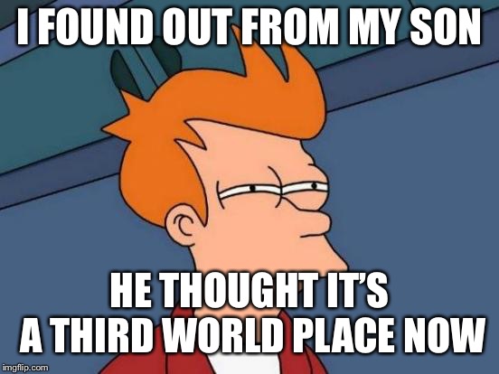 Futurama Fry Meme | I FOUND OUT FROM MY SON HE THOUGHT IT’S A THIRD WORLD PLACE NOW | image tagged in memes,futurama fry | made w/ Imgflip meme maker