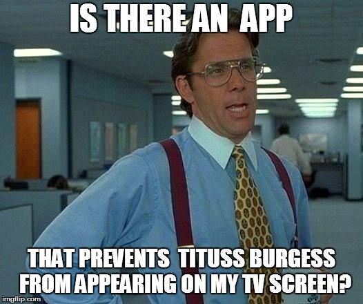 That Would Be Great Meme | IS THERE AN  APP; THAT PREVENTS  TITUSS BURGESS  FROM APPEARING ON MY TV SCREEN? | image tagged in memes,that would be great | made w/ Imgflip meme maker