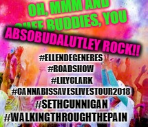 OH, MMM AND GHEE BUDDIES, YOU; ABSOBUDALUTLEY ROCK!! #ELLENDEGENERES #ROADSHOW  #LILYCLARK #CANNABISSAVESLIVESTOUR2018; #SETHCUNNIGAN #WALKINGTHROUGHTHEPAIN | image tagged in o mmm ghee buddies you absobudalutley rock!! | made w/ Imgflip meme maker