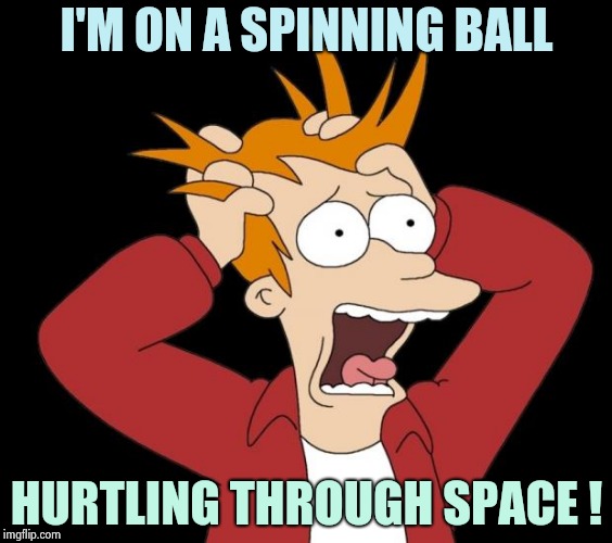 panic attack | I'M ON A SPINNING BALL HURTLING THROUGH SPACE ! | image tagged in panic attack | made w/ Imgflip meme maker