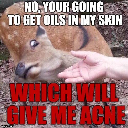 NOOOO MUST SAVE DA BEAUIFUL FACE!!!!! | NO, YOUR GOING TO GET OILS IN MY SKIN; WHICH WILL GIVE ME ACNE | image tagged in nope | made w/ Imgflip meme maker