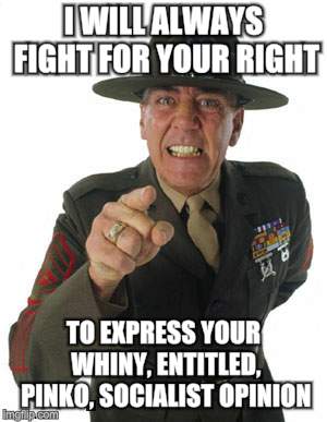 Gunny R. Lee Ermey | I WILL ALWAYS FIGHT FOR YOUR RIGHT; TO EXPRESS YOUR WHINY, ENTITLED, PINKO, SOCIALIST OPINION | image tagged in gunny r lee ermey | made w/ Imgflip meme maker