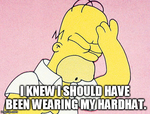 Homer Simpson D'oh | I KNEW I SHOULD HAVE BEEN WEARING MY HARDHAT. | image tagged in homer simpson d'oh | made w/ Imgflip meme maker