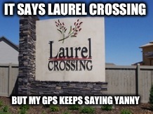 Yanny laurel | IT SAYS LAUREL CROSSING; BUT MY GPS KEEPS SAYING YANNY | image tagged in memes,funny | made w/ Imgflip meme maker