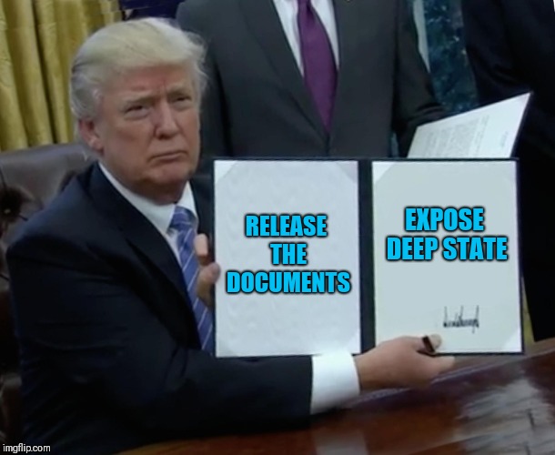 Trump Bill Signing | RELEASE THE DOCUMENTS; EXPOSE DEEP STATE | image tagged in memes,trump bill signing | made w/ Imgflip meme maker