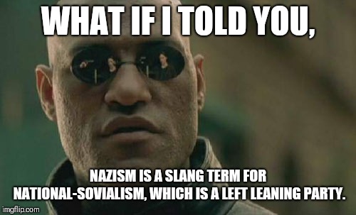Matrix Morpheus | WHAT IF I TOLD YOU, NAZISM IS A SLANG TERM FOR NATIONAL-SOVIALISM, WHICH IS A LEFT LEANING PARTY. | image tagged in memes,matrix morpheus | made w/ Imgflip meme maker