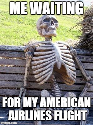 Waiting Skeleton | ME WAITING; FOR MY AMERICAN AIRLINES FLIGHT | image tagged in memes,waiting skeleton | made w/ Imgflip meme maker