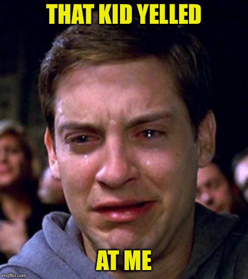 crying peter parker | THAT KID YELLED AT ME | image tagged in crying peter parker | made w/ Imgflip meme maker