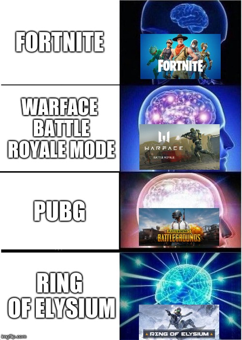 Expanding Brain | FORTNITE; WARFACE BATTLE ROYALE MODE; PUBG; RING OF ELYSIUM | image tagged in memes,expanding brain | made w/ Imgflip meme maker
