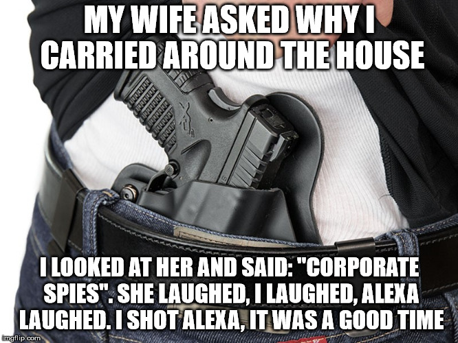 MY WIFE ASKED WHY I CARRIED AROUND THE HOUSE; I LOOKED AT HER AND SAID: "CORPORATE SPIES". SHE LAUGHED, I LAUGHED, ALEXA LAUGHED. I SHOT ALEXA, IT WAS A GOOD TIME | made w/ Imgflip meme maker