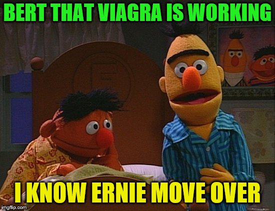 bert and ernie | BERT THAT VIAGRA IS WORKING; I KNOW ERNIE MOVE OVER | image tagged in bert and ernie,viagra,friends | made w/ Imgflip meme maker